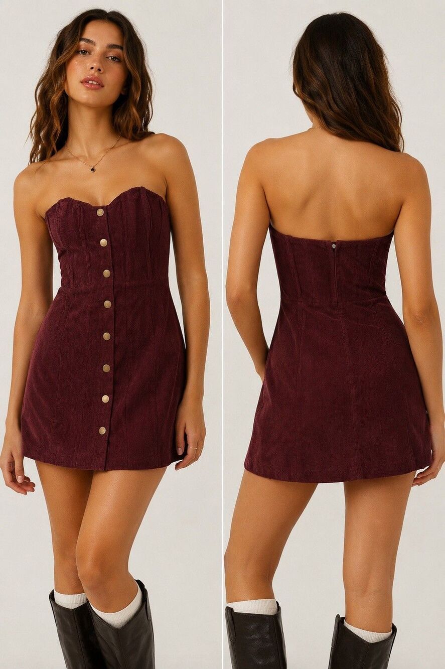 Urban Outfitters Burgundy Corduroy Corset Mini Dress Boned Strapless Size M